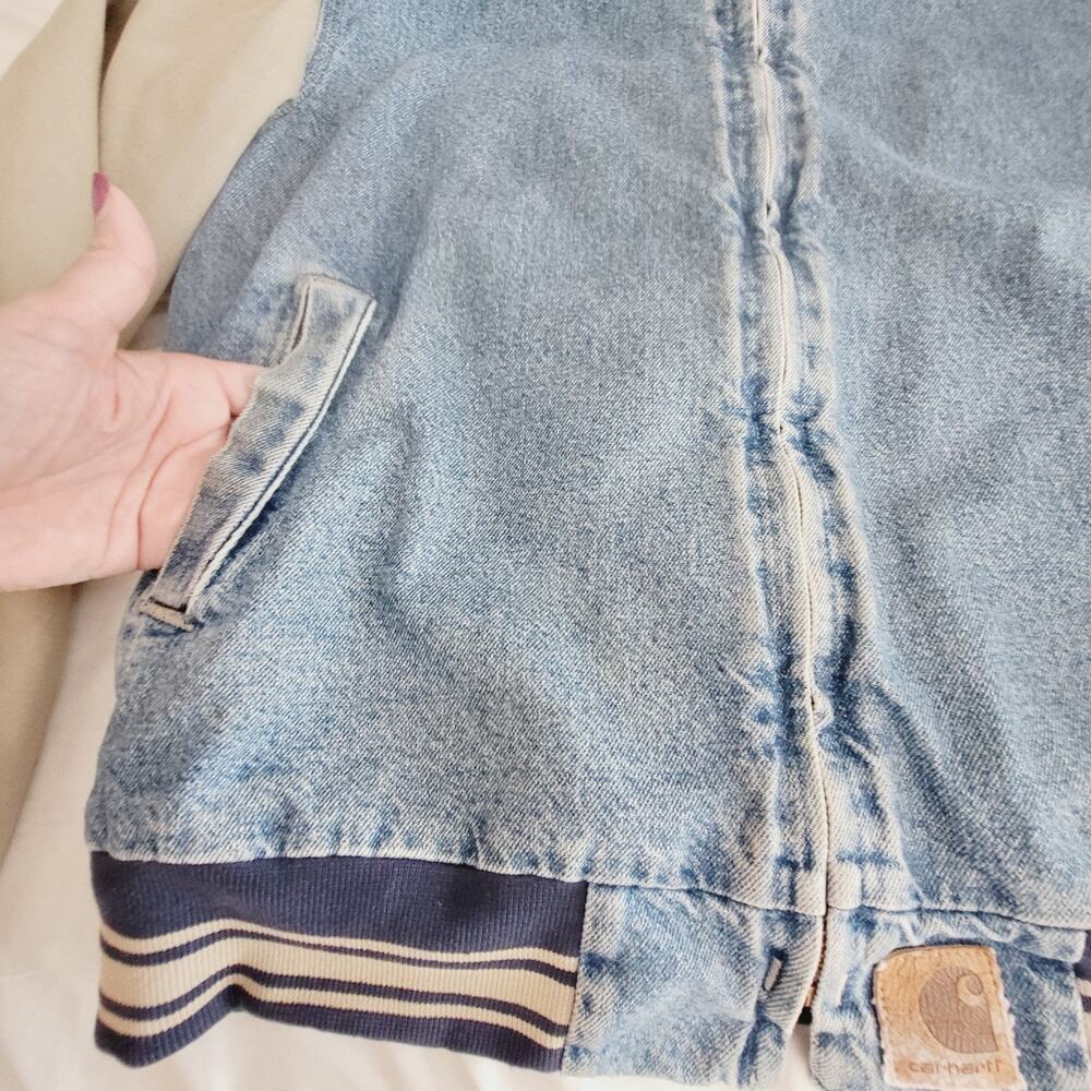 Vtg Carhartt Jacket Mens L Blue Denim Varsity Detroit Collegiate Bomber USA Made - Picture 3 of 16